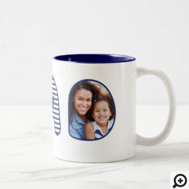 Dad Navy Blue Stripe Bubble Lettering Heart Photos Two-Tone Coffee Mug
