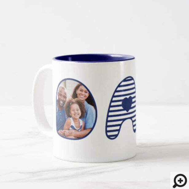 Dad Navy Blue Stripe Bubble Lettering Heart Photos Two-Tone Coffee Mug
