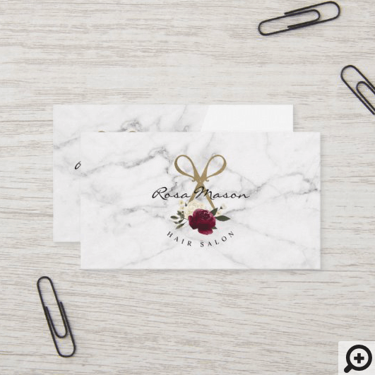 Elegant Gold Scissor & Red Watercolor Floral Logo Business Card