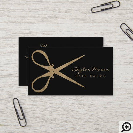 Elegant & Vintage Gold Scissor Logo Hair Salon Black Business Card