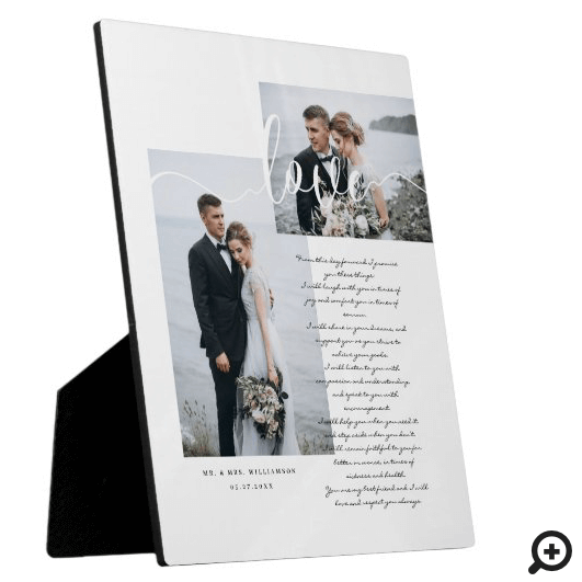 Elegant Wedding Vows Love Script Minimal Two Photo Plaque