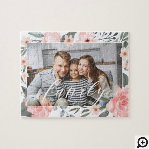 Family White Script Overlay Floral Frame Photo Jigsaw Puzzle