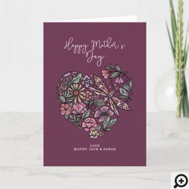 Floral Botanicals & Dragonfly Heart Mother's Day Card