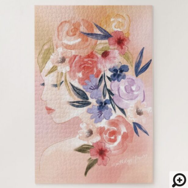 Floral Woman Botanical Watercolor Illustration Jigsaw Puzzle