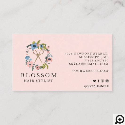 Gold Scissor Floral Wreath Logo Hair Stylist Salon Business Card Pink