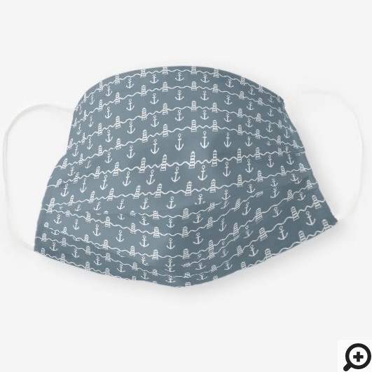 Grey & White Nautical Anchor Lighthouse Pattern Cloth Face Mask