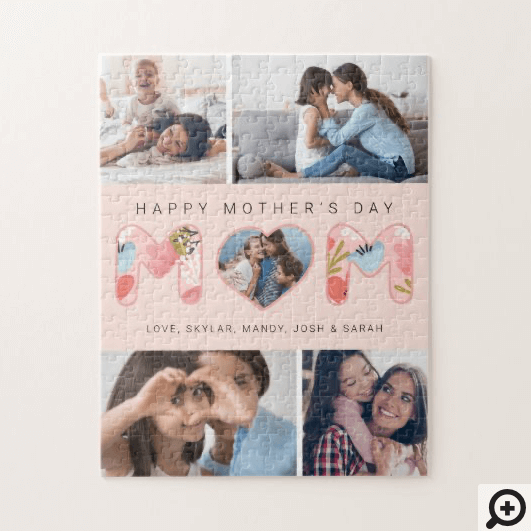 Happy Mother's Day Photo Collage & Floral Pattern Jigsaw Puzzle