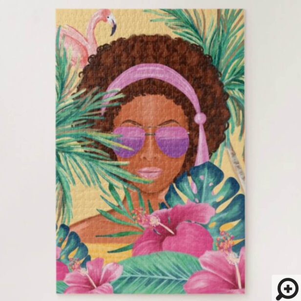 Hello Girl African American Beach Beauty Tropical Palm & Flamingo Jigsaw Puzzle