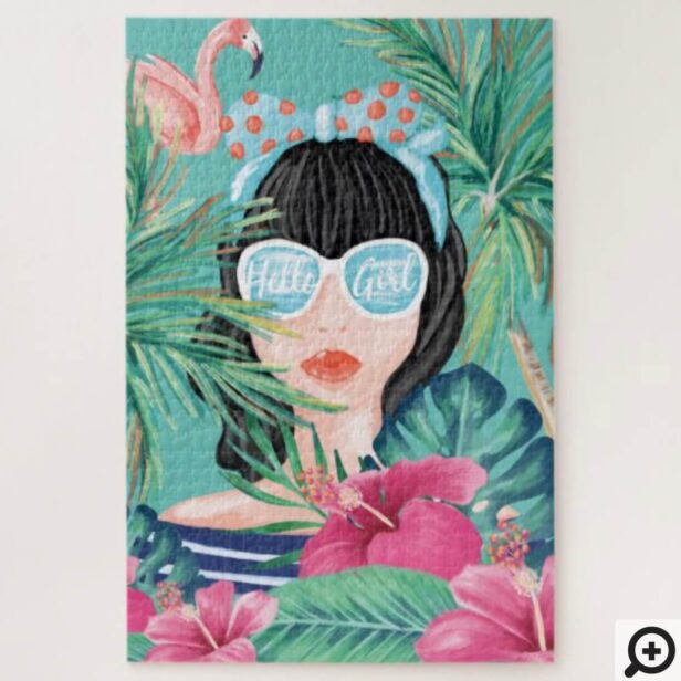 Hello Girl Beach Beauty Tropical Palm & Flamingo Jigsaw Puzzle