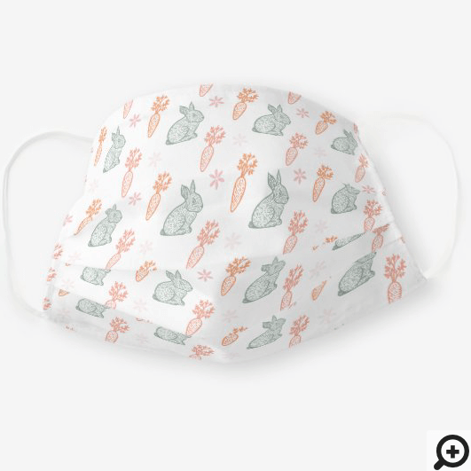 Little Bunny Rabbit Carrot & Floral Pattern White Cloth Face Mask