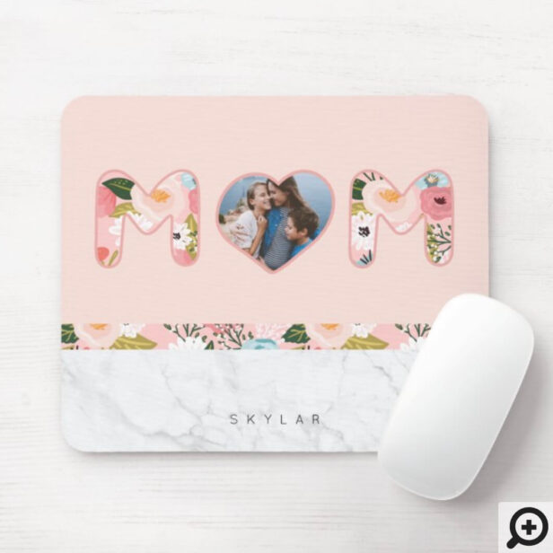 MOM Heart Photo Frame Floral Pattern & Marble Pink Mouse Pad