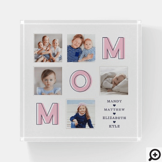 MOM Pink Letters Five Family Photo Grid Collage Paperweight