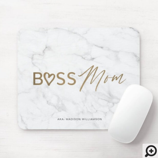 Modern Boss Mom Stylish Gold & White Grey Marble Mouse Pad