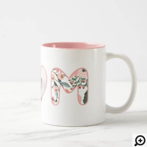 Mom Blush Pink Floral Bubble Lettering Heart Photo Two-Tone Coffee Mug