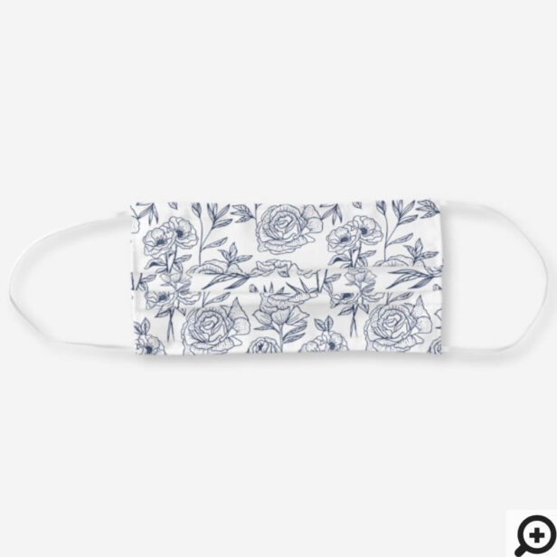 Navy & White Floral Botanical Line Art Pattern Cloth Face Mask