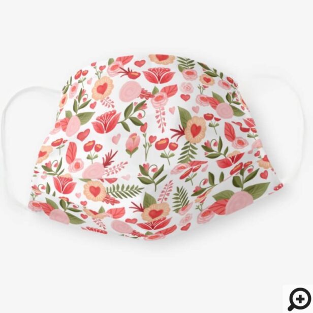 Pink & White Lovely Florals & Hearts Botanical Cloth Face Mask
