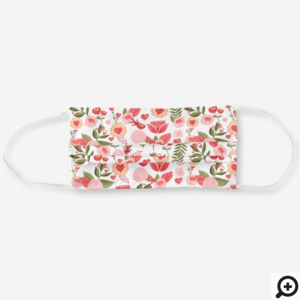 Pink & White Lovely Florals & Hearts Botanical Cloth Face Mask