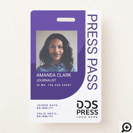 Purple Modern & Minimal Press Pass Photo ID Badge