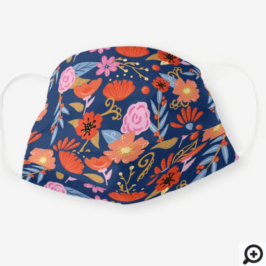 Red Poppies & Pink & Blue Floral Botanical Pattern Cloth Face Mask Navy