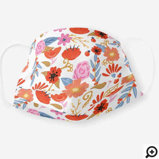 Red Poppies & Pink & Blue Floral Botanical Pattern Cloth Face Mask