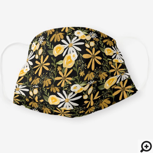 Yellow & Cream Wildflower Floral Pattern Black Cloth Face Mask