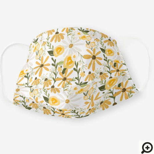 Yellow & Cream Wildflower Floral Pattern White Cloth Face Mask