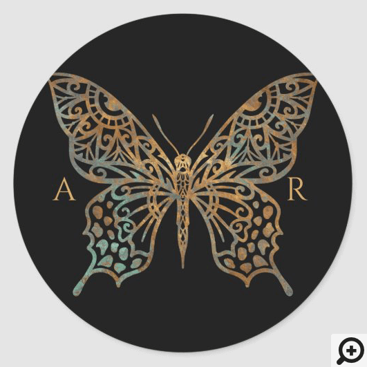 Beautiful Ornate Decorative Butterfly Logo Black Classic Round Sticker