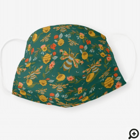 Bees & Bloom Floral Elegant & Decorative Bee Green Cloth Face Mask