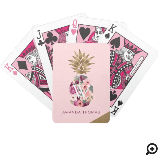 Chic Floral Watercolor Golden Pineapple Pink Bicycle Playing Cards