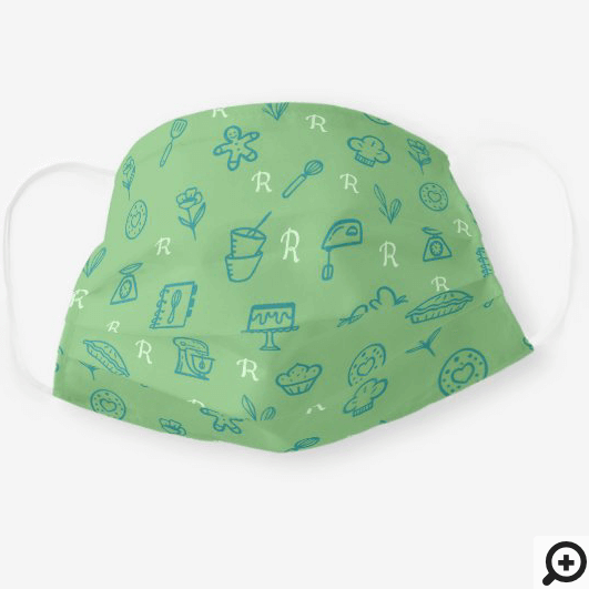 Cute Adorable Green Baking Icon Pattern & Monogram Cloth Face Mask