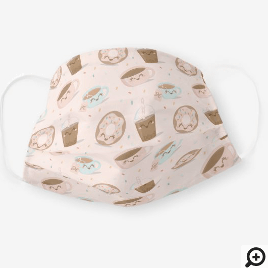 Cute Kawaii Coffee, Bubble Tea & Doughnut Pattern Cloth Face Mask Blush Pink
