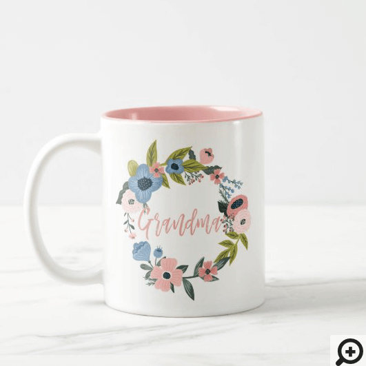 Grandma Brush Script Typographic Floral Wreath Two-Tone Coffee Mug