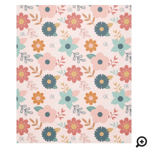 Modern Abstract Girly Floral Pattern & Monogram Fleece Blanket