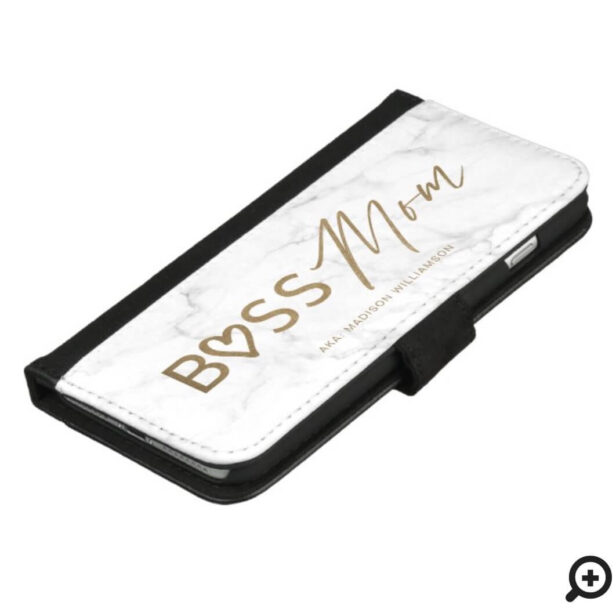 Modern Boss Mom Stylish Gold & White Grey Marble iPhone Wallet Case