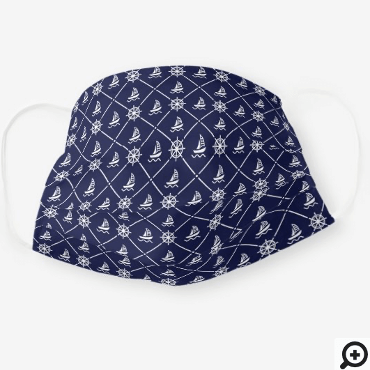 Nautical Sailing Boat & Helm Pattern White & Navy Cloth Face Mask