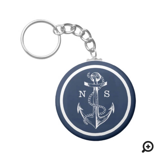 Navy Blue Ship Nautical Anchor & Rope Monogram Keychain