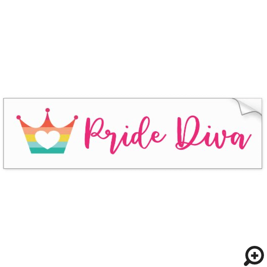 Rainbow Stripe Pride Diva Crown & Heart Bumper Sticker