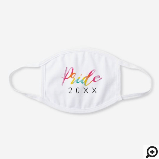 Pride Watercolor Rainbow Script With Custom Year White Cotton Face Mask