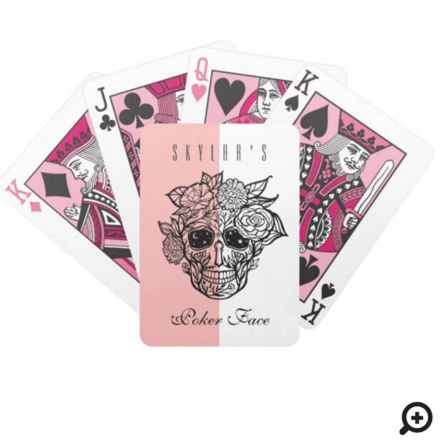 Skull Face & Florals Custom Name Poker Face Bicycle Playing Cards