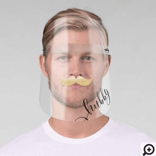 Trendy Hubby Script Gold Shimmer Gitter Moustache Face Shield