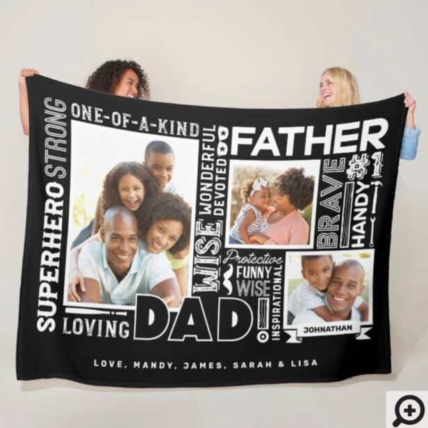 Words For #1 Dad Father's Day Photo Collage Black Fleece Blanket