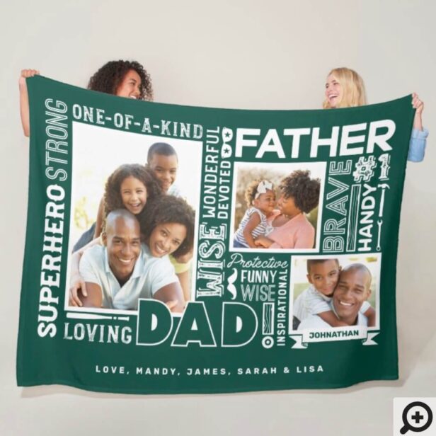 Words For #1 Dad Father's Day Photo Collage Green Fleece Blanket