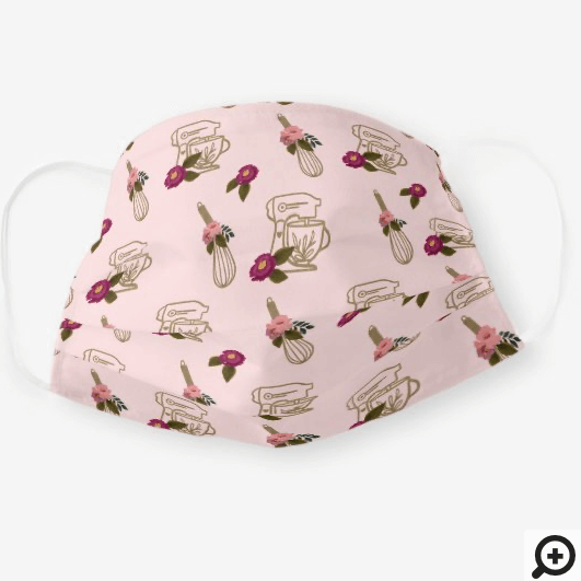Blush Pink Chic Floral Whisk & Stand Mixer Pattern Cloth Face Mask