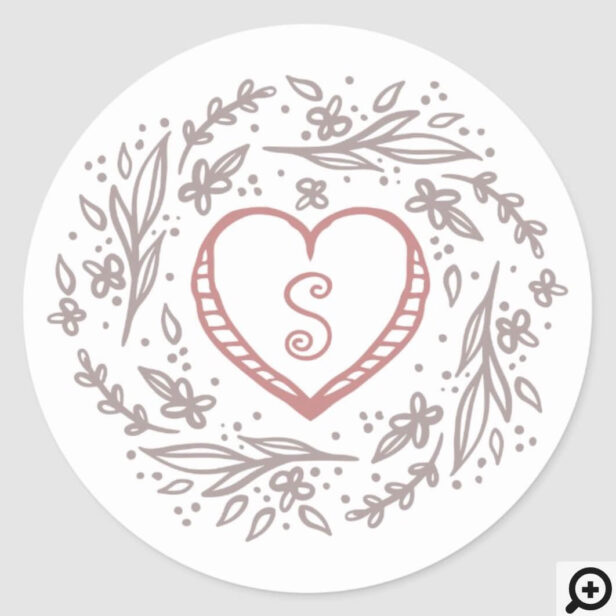 Hand-drawn Heart & Floral Wreath Custom Monogram Classic Round Sticker