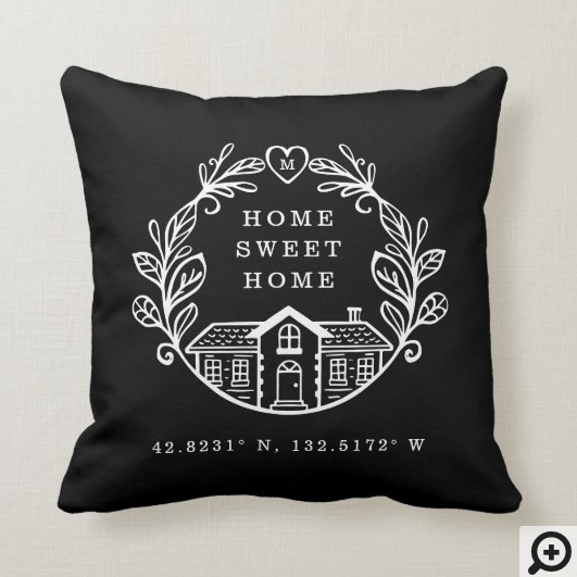 Home Sweet Home, Wreath Design & Coordinates Black Throw Pillow
