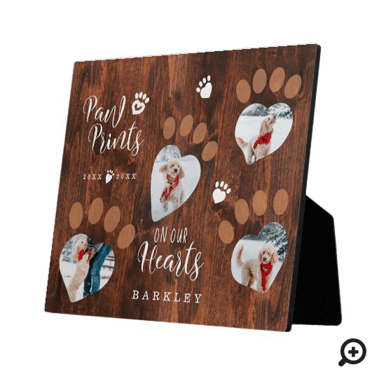 Rustic Wood Paw Prints on Our Hearts Photo Memory Plaque