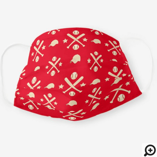 Sporty Baseball, Hat & Baseball Bat Pattern Red Cloth Face Mask