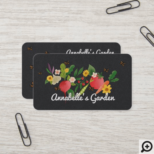 Vegetable Garden Medley & Butterflies Rustic Black Business Card