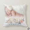 Watercolor Floral Rose Baby Photo Custom Name Throw Pillow