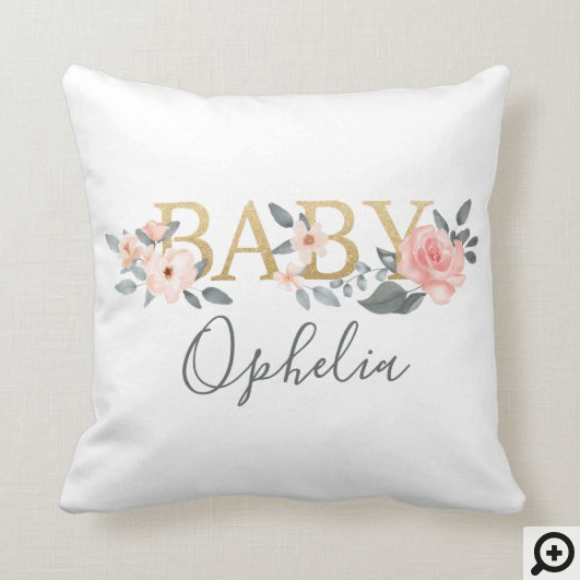 Watercolor Floral Rose Baby Typography Custom Name Throw Pillow